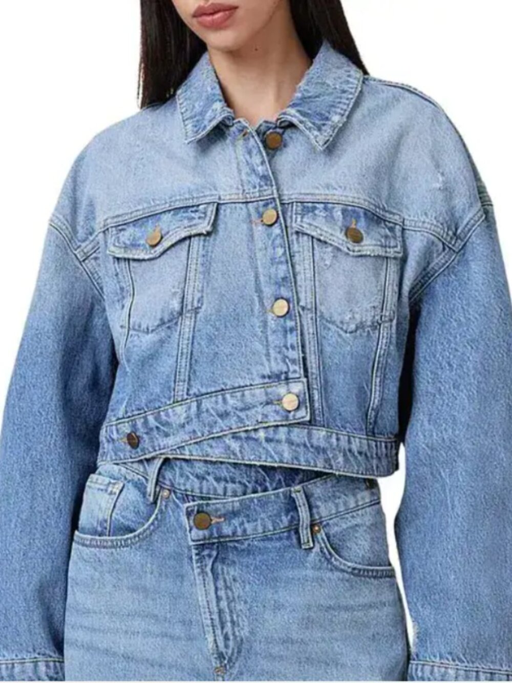 NEW! AllSaints Aki Crossover Crop Denim Jean Jacket Light Indigo US 4 CASUAL